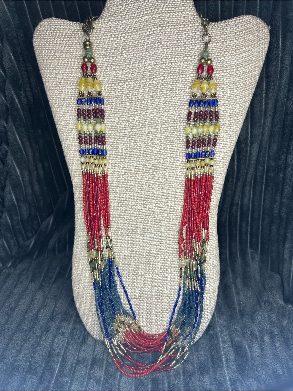 Coldwater Creek Red, Blue, Gold Multistrand Beaded Fringe Necklace - Picture 5 of 9